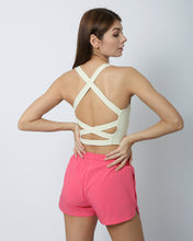 Load image into Gallery viewer, MW Sunshine Yellow Double Cross Bliss Bra that shows off the toned back you have been working really hard to develop